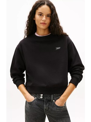 Tommy Hilfiger Kadın Gümüş Logolu Bisiklet Yaka Sweatshirt - Siyah
