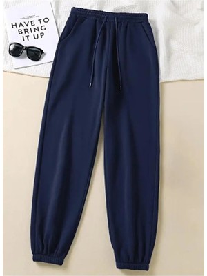 Ross Moda Kadın Lacivert 3 Iplik Düz Elastik Bel ve Paça Termal Astarlı Jogger Eşofman Altı