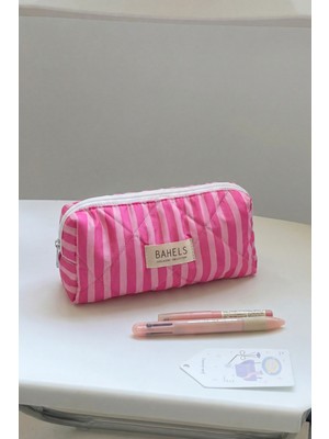 Bahels Pembe Çizgili Kalemlik Kalem Kutusu Kalem Çantası