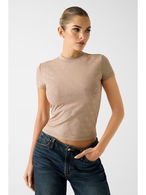 Guess Kadın Mock Slim Fit T-Shirt - Bej