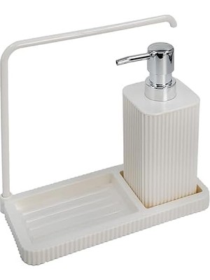 Velora Modern Mutfak Sıvı Sabunluk Seti, Plastik, Askılı Tasarım, 20.5X20X9 Cm, Damlalıklı Stand (Beyaz)