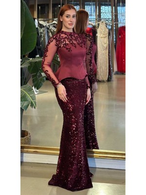 Abiyeniall Vişne Renk Hakim Yaka Uzun Kollu Dantel Detaylı   Balık Etekli Likralı Pul Payet Uzun Abiye Elbise 11198-02