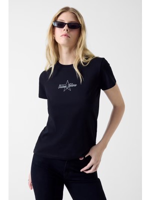 Guess Kadın Regular Fit Taşlı Logolu T-Shirt - Siyah