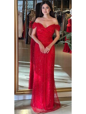 Abiyeniall Kırmızı Madonna Yaka Sırt Dekolteli Düz Kesim  Pullu Boncuklu Uzun Abiye Elbise 11044-18