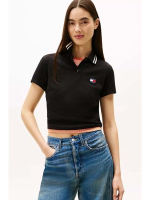 Tommy Hilfiger Kadın Slim Fit Çizgili Yaka Polo T-Shirt - Siyah