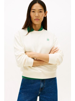 Tommy Hilfiger Kadın Logo Embroidery Terry Sweatshirt - Krem