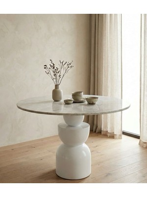 Silla Concept Döküm Mermer Yuvarlak Üst Tablalı Boğum Ayaklı Beyaz Ahşap Masa (100 Cm)