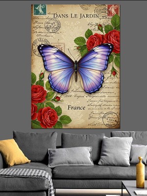 Artmeg Mor Kelebek Çiçekler Dekoratif Kanvas - Mdf Ahşap Tablo