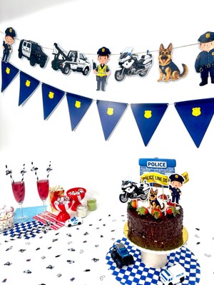 Fluparty Polis Temalı Üçgen Flama – Lacivert Rozet Desenli Parti Flaması