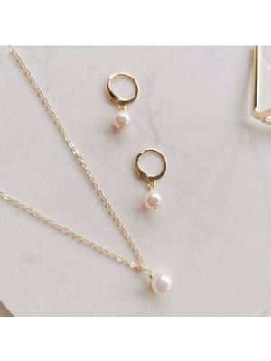 Shiklik 2'li Altın Renk Inci Zincir Kadın Takı Seti Küpe Kolye