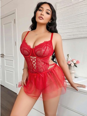 Beruflic Kadın Çapraz Ipli Dantelli Büyük Beden Tüllü Transparan Fantezi Gecelik 8008