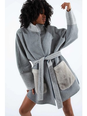 Alpaka Kumaşı Gerçek Vizon Kürklü Kaban