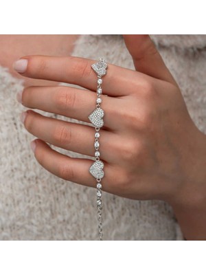 Tienda Elegante Gümüş Zirkon Taşlı Sıralı Kalp Kadın Bileklik