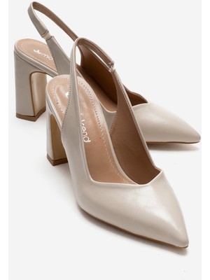 Ccway Kadın  Aynalı  Arkası Açık Topuklu Ayakkabı Bej Kırışık