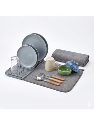 Velora Mikrofiber Su Emici Bulaşıklık Matı – 37X60 cm Tezgâh Üstü Bulaşık Kurutma Matı, Kaymaz Su Emici Mutfak Matı, Katlanabilir Tabaklık Süzgeçli Plastik Sepetli Kurulama Örtüsü (Gri)
