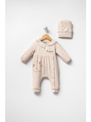 By Bubbles %100 Pamuk Dantelli Natural Kız Bebek Tulum + Şapka