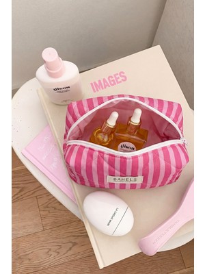 Bahels Pembe Çizgili Makyaj Çantası Geniş Hacimli Yumuşak Dokulu Seyahat ve Makyaj Organizeri