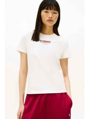 Tommy Hilfiger Kadın Logo Baskılı Regular T-Shirt - Ekru