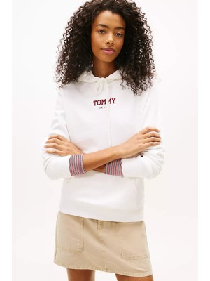 Tommy Hilfiger Kadın Kapüşonlu Kanguru Cepli Sweatshirt - Ekru