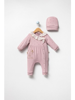 By Bubbles %100 Pamuk Dantelli Natural Kız Bebek Tulum + Şapka
