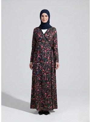 Plistre 2311_PRATIK Yandan Bağlamalı Kruvaze Biye Kuşaklı %100 Polyester Kumaş Tesettür Namaz Elbisesi