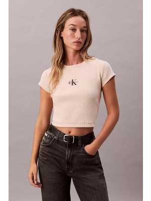 Calvin Klein Kadın Monologo Baby Rib Tee T-Shirt - Ekru