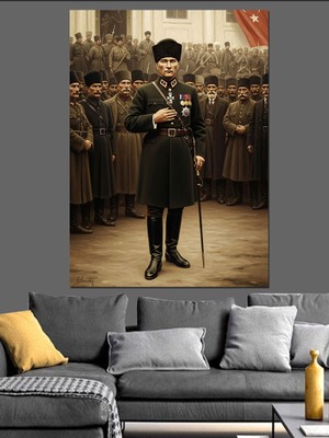Artmeg Retro Askeri Kıyafetli Atatürk Dekoratif Kanvas - Mdf Ahşap Tablo