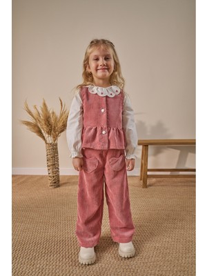 Minipodyum Kalp Cep Detaylı Fitilli Kadife 3’lü Bayramlık Kız Çocuk Alt Üst Takım