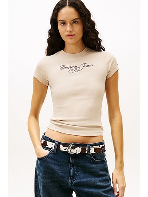 Tommy Hilfiger Kadın Imza Yazı Logo Slim T-Shirt - Bej