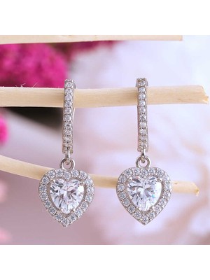 Tienda Elegante Gümüş Beyaz Taşlı Kalpli Kadın Küpe