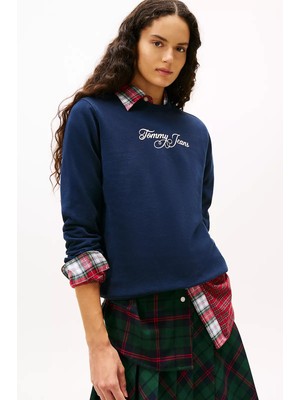 Tommy Hilfiger Kadın El Yazısı Nakışlı Bisiklet Yaka Sweatshirt - Lacivert