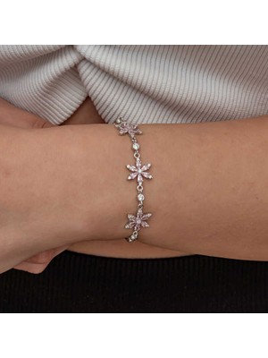 Tienda Elegante Gümüş Pembe Lotus Çiçeği Kadın Bileklik