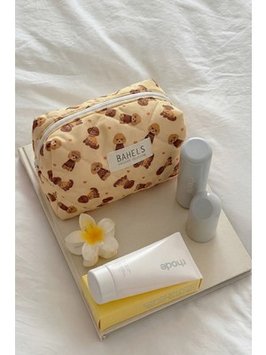 Bahels Honey Puppy Makyaj Çantası Yumuşak Kapitone Dokulu Geniş İç Hacim Seyahat ve Günlük Kullanım İçin