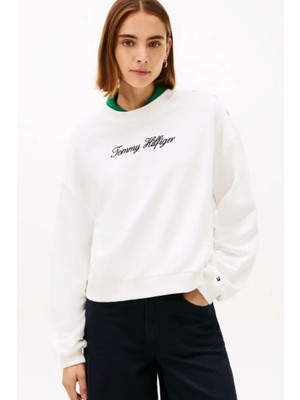 Tommy Hilfiger Kadın Gold-Tone Button Script Terry Sweatshirt - Ekru