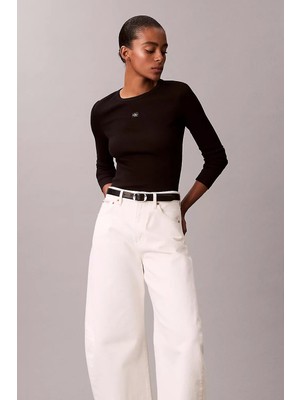 Calvin Klein Kadın Ls Woven Label 2x2 Rib Crew Top T-Shirt - Siyah