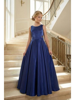 Kız Çocuk Abiye Saks Mavi Parlak Saten Uzun Sırt Fiyonklu Abiye Elbise 10-15 Yaş