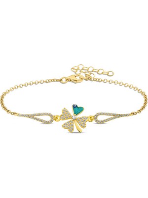 Tienda Elegante Gümüş Gold Nazarlı Yonca Bileklik