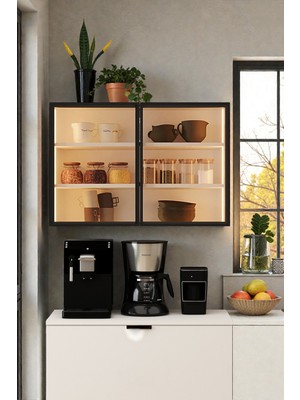 AVM Park Magic Üst Dolap Temperli Cam Kapaklı LED Işıklı Üst Modül Çok Amaçlı Fincan Dolabı