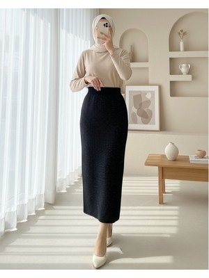 Modamorfo Taşlı Beli Lastikli Kalem Etek -Siyah