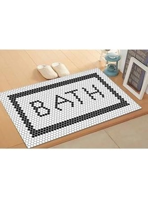 Velora Siyah Beyaz Bath Yazılı Yıkanabilir Banyo Paspası Beyaz 40 x 60