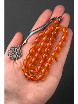 Tesbihkenti Fıçı Bal Rengi Metal Kazazlı Sıkma Kehribar Tesbih