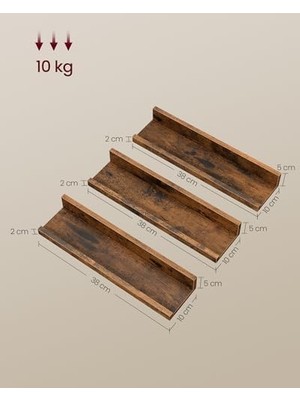 Velora Duvar Rafları, 3'lü Set, Yüzer Raflar, Uzunluk 38 Cm, Dekoratif Öğeler, Baharat Kavanozları ve Resim Çerçeveleri Için Yükseltilmiş Ön Kenar, Eski Kahverengi LWS037X01
