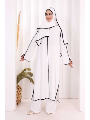 Bym Fashion Hac Umre Biyeli Pantolonlu Tunik Takım Şal Hediye 8001 Ekru-Siyah