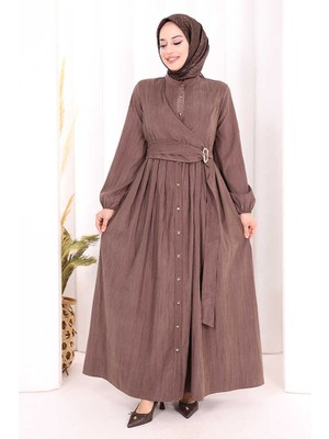 Bym Fashion Broş Detaylı Boydan Düğmeli Elbise 7059 Kahverengi