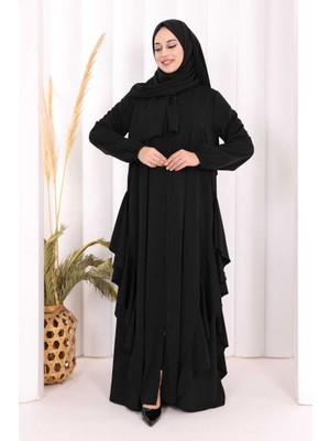 Bym Fashion Umre Yan Fırfır Detaylı Ferace Şal Hediye 7057 Siyah