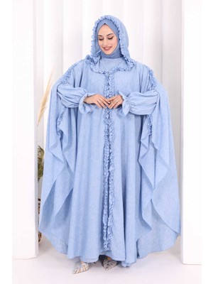 Bym Fashion Keten Pelerinli Elbise Abaya Takım 8021 Mavi