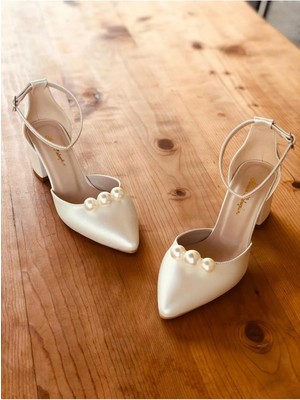 İlkinin Pabuçları Sedef Kadın Abiye 3 Incili Ayakkabı, 5cm Kalın Topuklu Ekru Gelin Ayakkabısı, Gelinlik Ayakkabısı