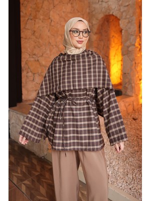 İmaj Butik Kahverengi Ekose Desen Bel Bağlamalı Şal Detay Tunik
