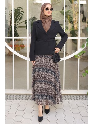 İmaj Butik Siyah Kravuze Yaka Kemerli Ceket Şifon Etekli Takım