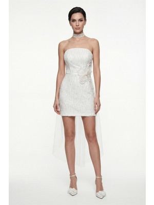 Lafaba Kadın Beyaz Straplez Yaka Tüllü Mini Taşlı After Party Abiye Elbise